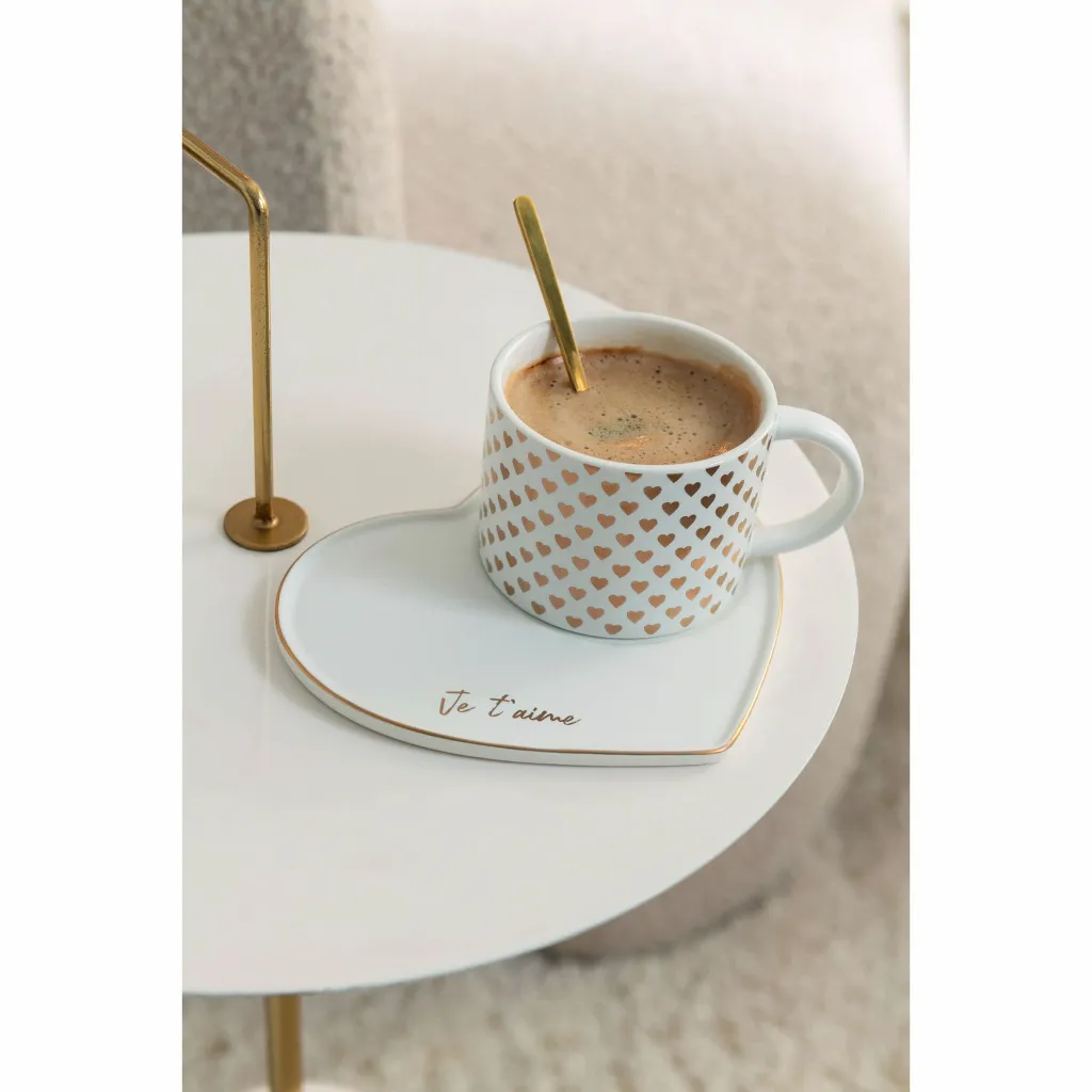 Tasse + Sous-Tasse + Cuillere Coeur Ceramique Blanc or J-Line 49105-A.webp
