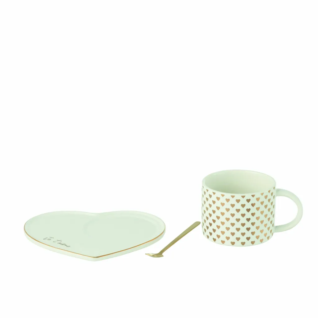 Tasse + Sous-Tasse + Cuillere Coeur Ceramique Blanc or J-Line 49105-3.webp
