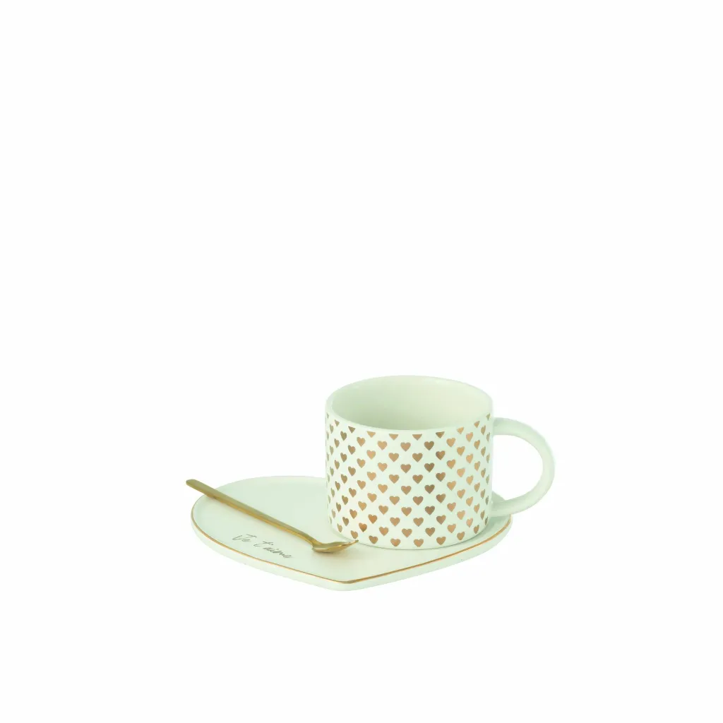 Tasse + Sous-Tasse + Cuillere Coeur Ceramique Blanc or J-Line 49105-2.webp