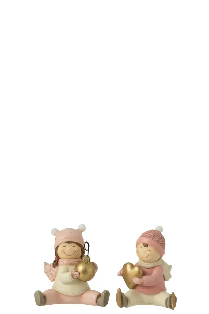 Garcon + Fille Assis Coeur Boule De Noel Resine Rose Assortiment De 2 (35323) J-Line