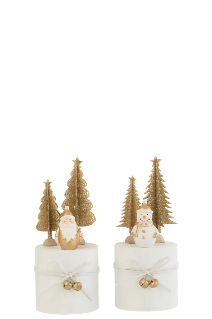 Pere Noel/Bonhomme De Neige Sur Pied Rond Bois Blanc/Or Assortiment De 2 (37140) J-Line