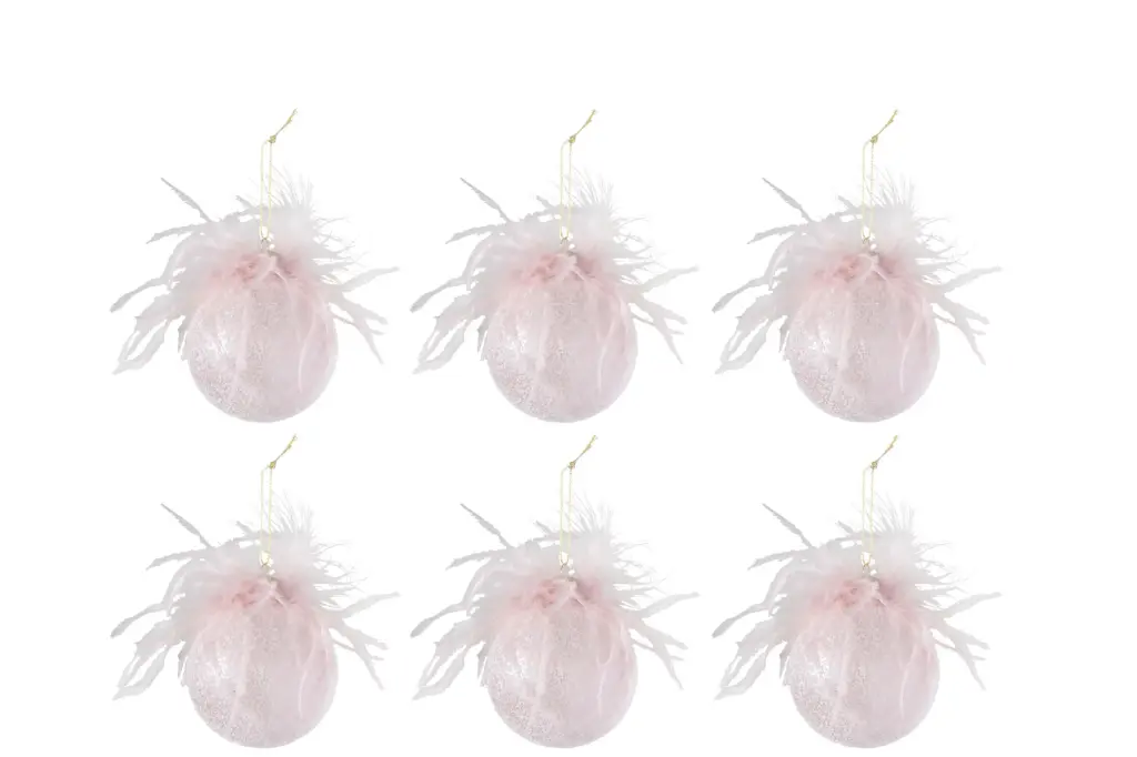 Boite De 6 Boules De Noel Plumes Verre Mat Rose Small (97582) J-line