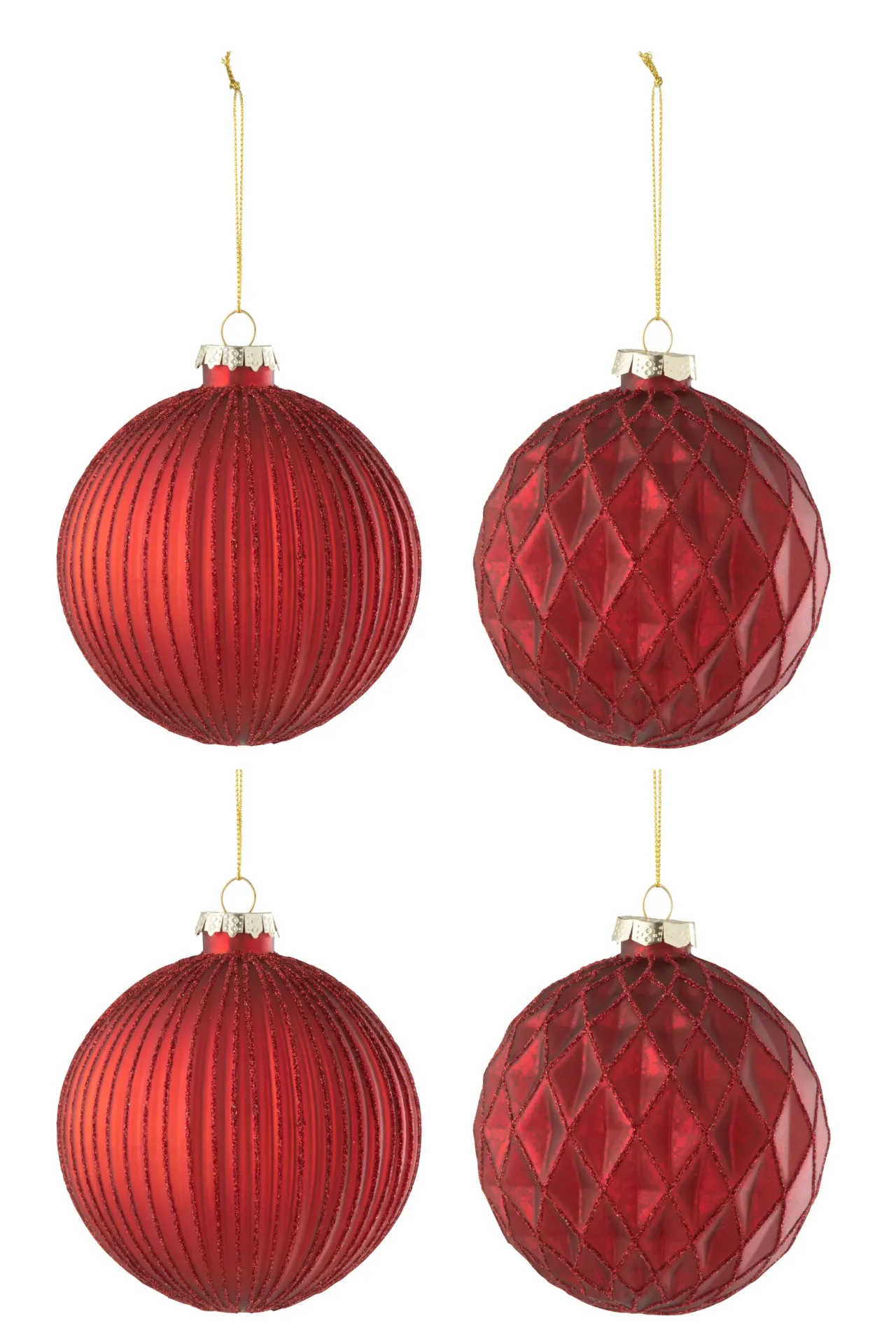 Boite De 4 Boule De Noel 2+2 Stries/ Losanges Verre Rouge Large (37348) J-line