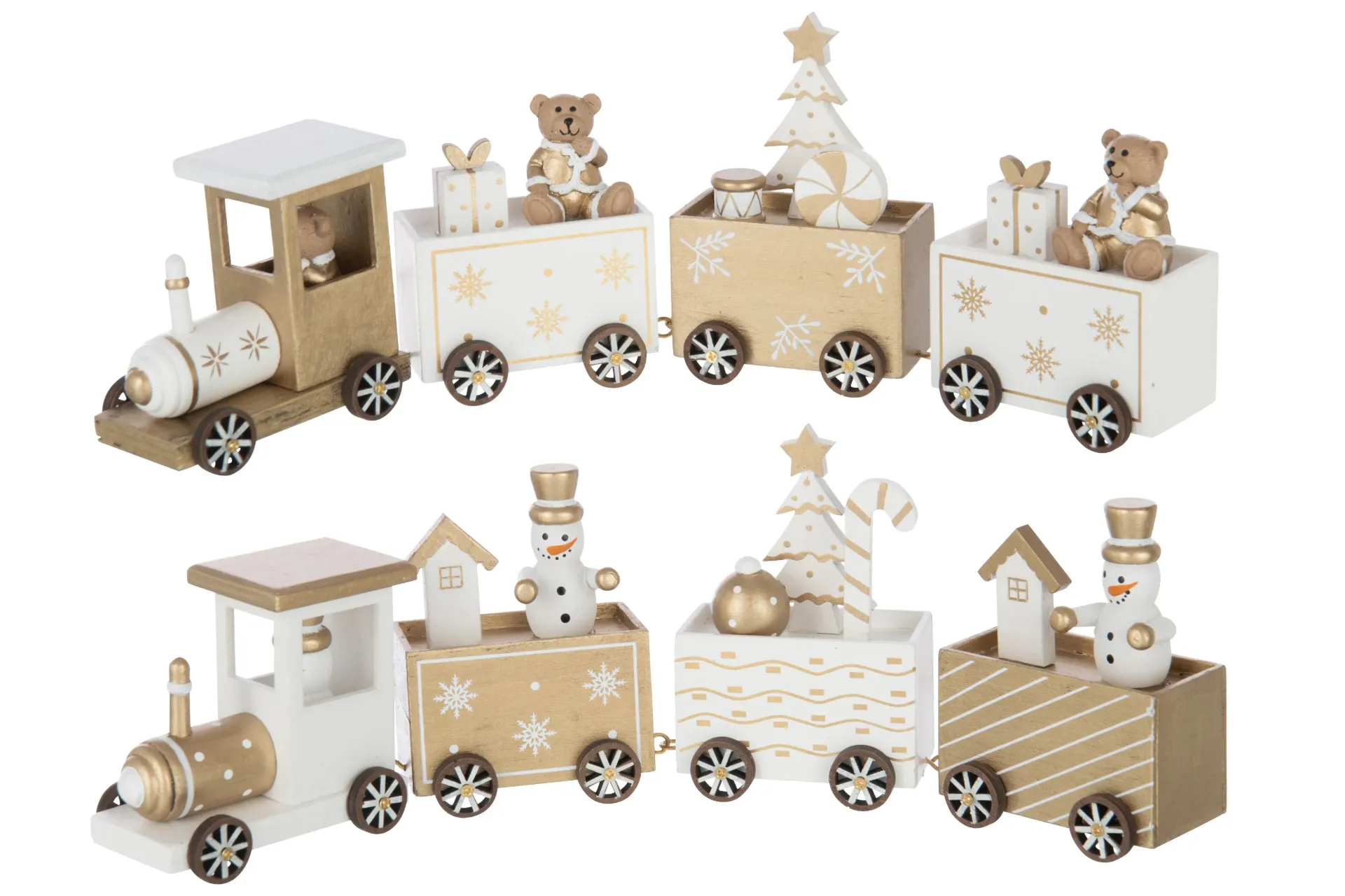 Train Ours + Bonhomme De Neige Contreplaqué Blanc/Doré Assortiment De 2 (57236) J-line