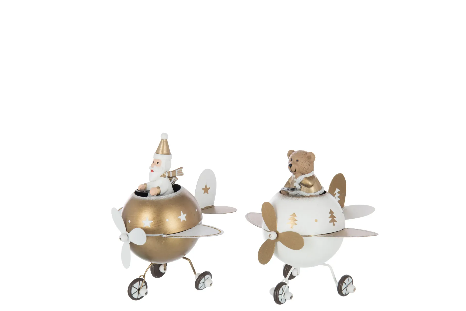 Ours + Père Noël Dans Avion Métal Blanc/Doré Large Assortiment De 2 (57235) J-line