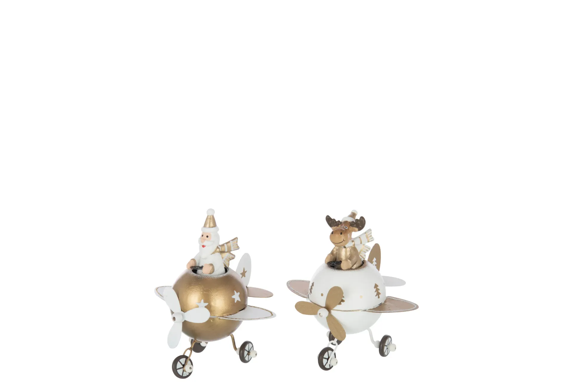 Renne + Père Noël Dans Avion Métal Blanc/Doré Small Assortiment De 2 (57234) J-line