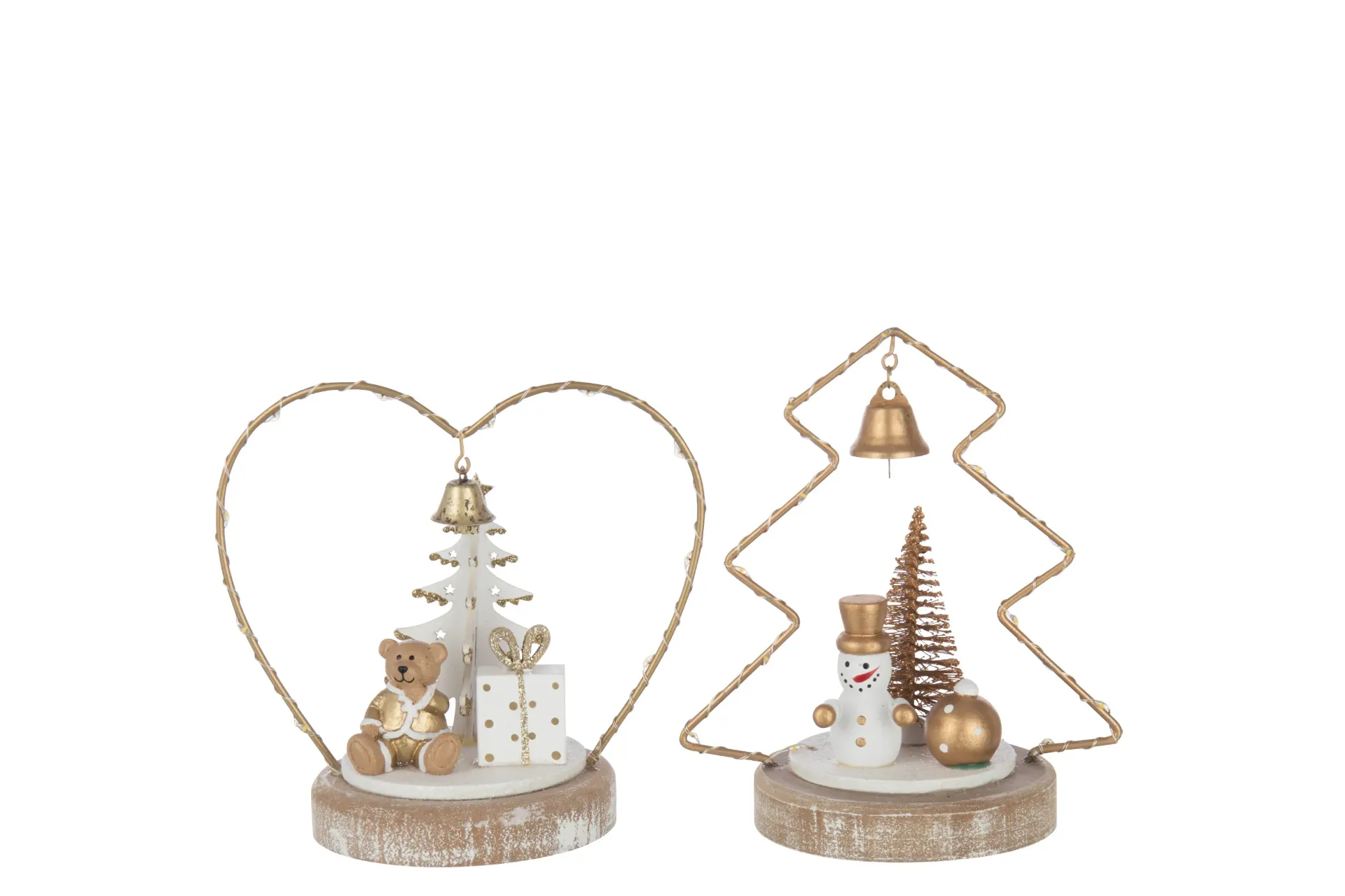 Ours + Bonhomme De Neige Led Arbre + Cœur Contreplaqué Blanc/Doré Assortiment De 2 (56893) J-line